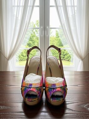 Stuart Weitzman Multicolor Striped Slingback Peep-Toe Heels